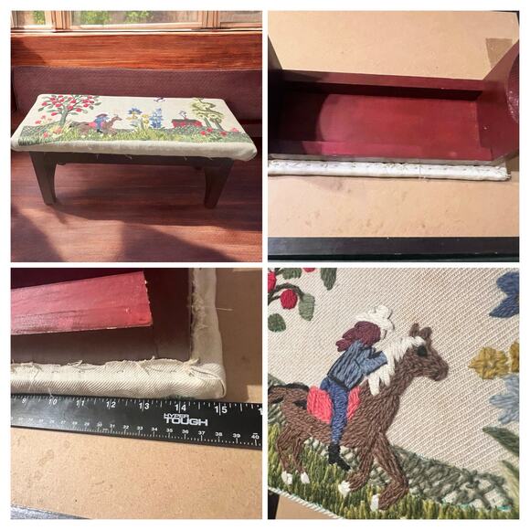 Equestrian horse and girl needlepoint top wood legs footstool 15inch Vtg small *